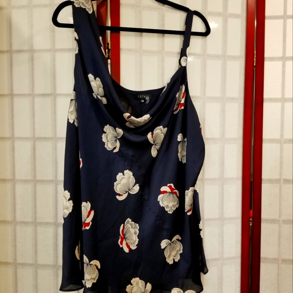 Navy floral asymmetrical shoulder drape neck satin camisole.